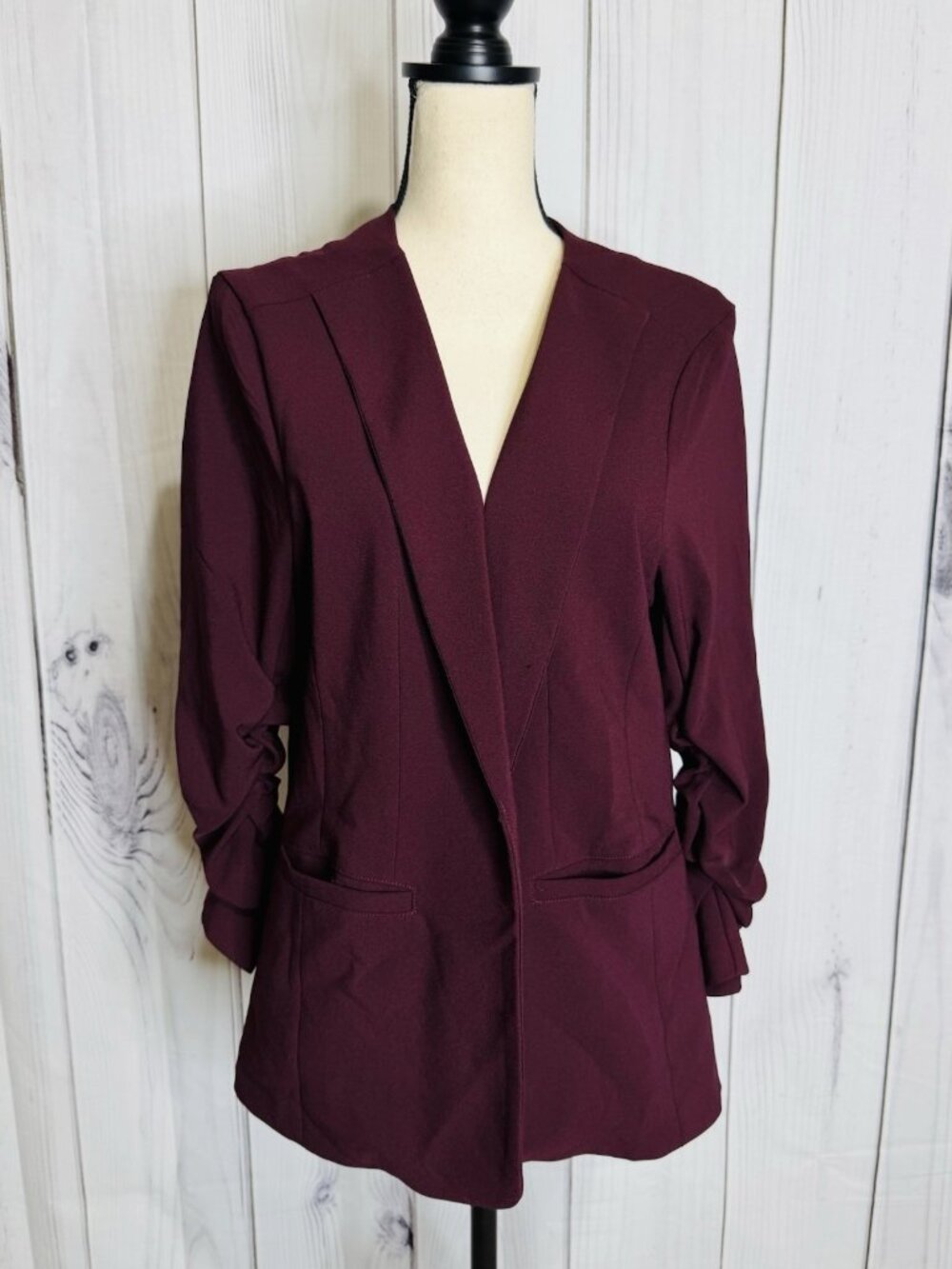 Skies Are Blue Raja Collarless Blazer Sz XL Burgundy 3/4 Ruched Sleeve Lined